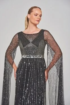 Ula Black Embellished Cape Sleeve Maxi Dress -Frock And Frill US ARSW122TIBLACK.57778