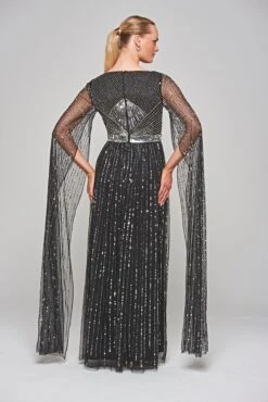 Ula Black Embellished Cape Sleeve Maxi Dress -Frock And Frill US ARSW122TIBLACK.57783
