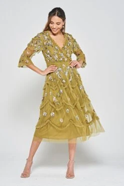 Adira Willow Floral Sequin Ruffled Midi Dress