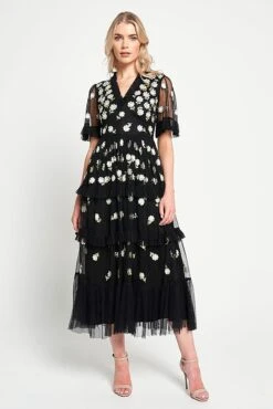 Amy Black Floral Embroidered Midi Dress