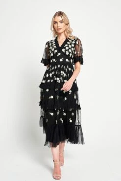 Amy Black Floral Embroidered Midi Dress 14 Amy Black Floral Embroidered Midi Dress -Frock And Frill US Amy Black Floral Embroidered Midi Dress 4