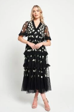 Amy Black Floral Embroidered Midi Dress 15 Amy Black Floral Embroidered Midi Dress -Frock And Frill US Amy Black Floral Embroidered Midi Dress 6