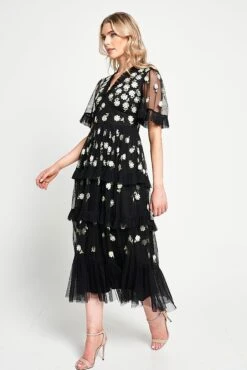 Amy Black Floral Embroidered Midi Dress 17 Amy Black Floral Embroidered Midi Dress -Frock And Frill US Amy Black Floral Embroidered Midi Dress 8