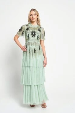 Annabel Pale Green Floral Embellished Maxi Dress -Frock And Frill US Annabel Green Floral Embellised Maxi Dress 7