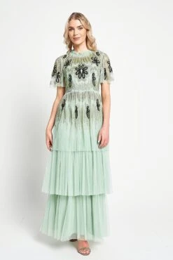 Annabel Pale Green Floral Embellished Maxi Dress