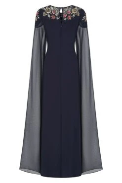 Aster Navy Floral Embellished Cape Sleeve Maxi Dress -Frock And Frill US Aster Navy Embellished Cape Sleeve Maxi Dress 10