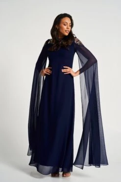 Aster Navy Floral Embellished Cape Sleeve Maxi Dress -Frock And Frill US Aster Navy Embellished Cape Sleeve Maxi Dress 2
