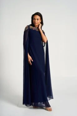 Aster Navy Floral Embellished Cape Sleeve Maxi Dress -Frock And Frill US Aster Navy Embellished Cape Sleeve Maxi Dress 5