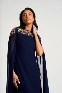 Aster Navy Floral Embellished Cape Sleeve Maxi Dress -Frock And Frill US Aster Navy Embellished Cape Sleeve Maxi Dress 6