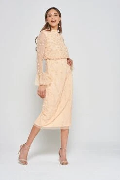Ava Almond Sequin Midi Dress With Flared Sleeves -Frock And Frill US Ava Almond Sequin Midi Dress 2