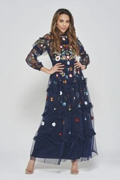 Avisa Navy Floral Sequin Maxi Dress -Frock And Frill US Avisa Navy Floral Sequin Maxi Dress 1