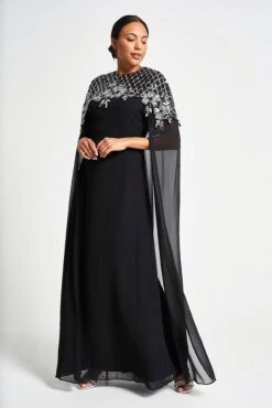 Ayden Black Sequin Cape Sleeve Maxi Dress