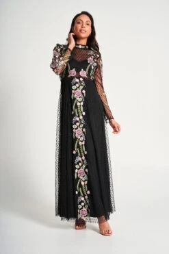 Azalea Black Floral Embroidered Maxi Dress -Frock And Frill US Azalea Black Floral Embroidered Maxi Dress 4
