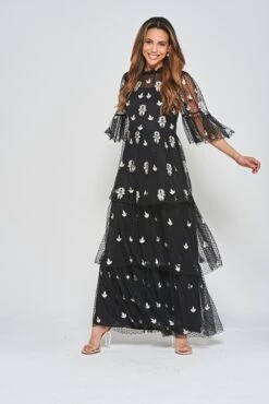 Baia Black Leaf Embroidered Tiered Maxi Dress -Frock And Frill US Baia Black Embroidered Maxi Dress 3