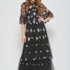 Baia Black Leaf Embroidered Tiered Maxi Dress
