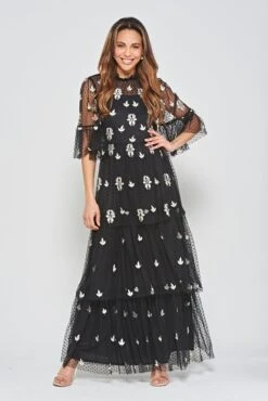 Baia Black Leaf Embroidered Tiered Maxi Dress