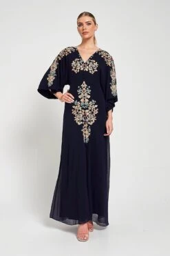 Briony Navy Embroidered Maxi Dress With Batwing Sleeves -Frock And Frill US Briony Navy Embroidered Maxi Dress 2