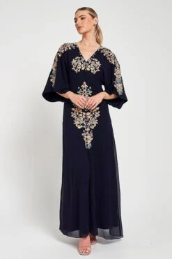 Briony Navy Embroidered Maxi Dress With Batwing Sleeves