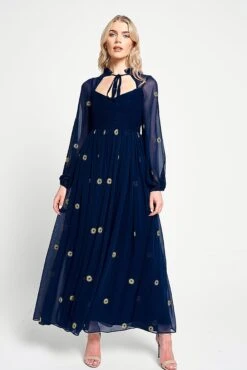 Cassia Navy Floral Embroidered Maxi Dress