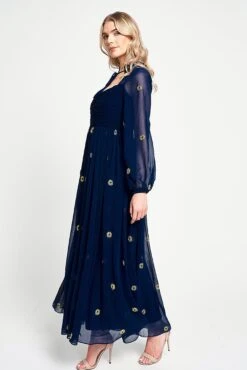 Cassia Navy Floral Embroidered Maxi Dress -Frock And Frill US Cassia Navy Floral Embroidered Maxi Dress 3