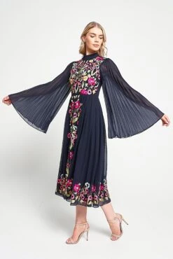 Cerelia Navy Floral Embroidered Midi Dress -Frock And Frill US Cerelia Navy Floral Midi Dress 4
