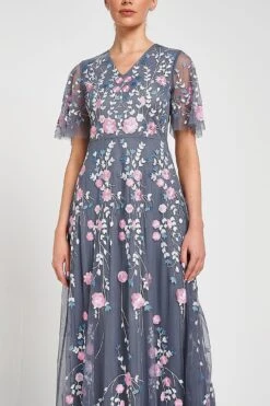 Crisanta Charcoal Floral Embroidered Maxi Dress -Frock And Frill US Chrisanta Charcoal Floral Embroidered Maxi Dress 1