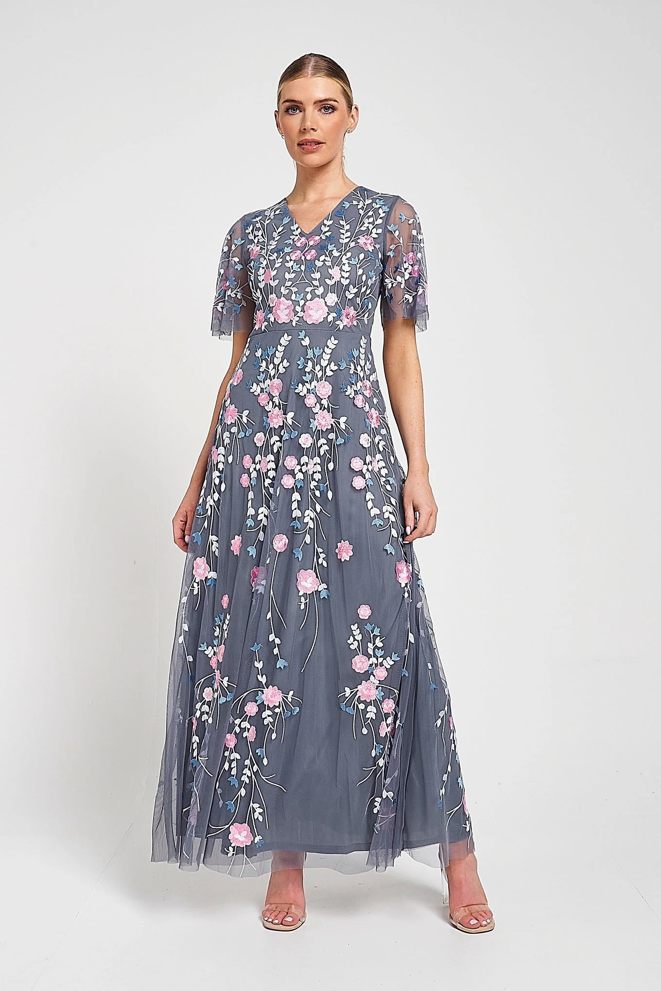Crisanta Charcoal Floral Embroidered Maxi Dress - Image 4