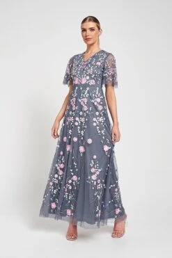 Crisanta Charcoal Floral Embroidered Maxi Dress -Frock And Frill US Chrisanta Charcoal Floral Embroidered Maxi Dress 3