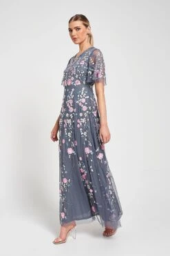 Crisanta Charcoal Floral Embroidered Maxi Dress -Frock And Frill US Chrisanta Charcoal Floral Embroidered Maxi Dress 4