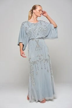 Christine Light Grey Embellished Maxi Dress With Batwing Sleeves