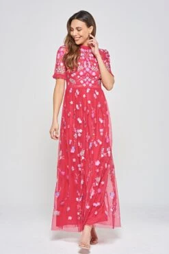 Coraline Crimson Floral Embroidered Maxi Dress