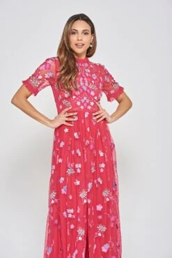 Coraline Crimson Floral Embroidered Maxi Dress -Frock And Frill US Coraline Floral Embroidered Maxi Dress 4
