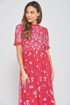 Coraline Crimson Floral Embroidered Maxi Dress -Frock And Frill US Coraline Floral Embroidered Maxi Dress 5