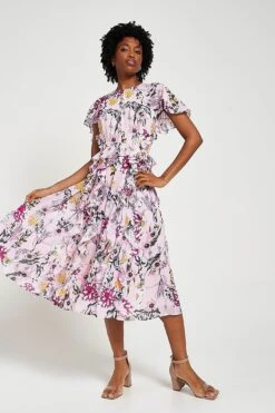 Corinna Pink Floral Print Midi Dress -Frock And Frill US Corinna Pink Floral Print Midi Dress 12