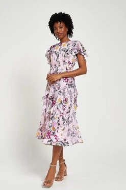 Corinna Pink Floral Print Midi Dress -Frock And Frill US Corinna Pink Floral Print Midi Dress 13