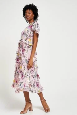 Corinna Pink Floral Print Midi Dress -Frock And Frill US Corinna Pink Floral Print Midi Dress 2