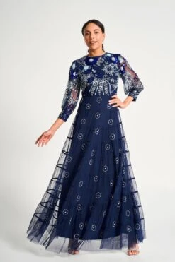 Dahlia Navy Floral Embellished Maxi Dress -Frock And Frill US Dahlia Navy Floral Embellished Maxi Dress 2