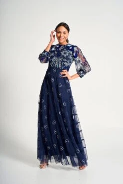 Dahlia Navy Floral Embellished Maxi Dress -Frock And Frill US Dahlia Navy Floral Embellished Maxi Dress 3