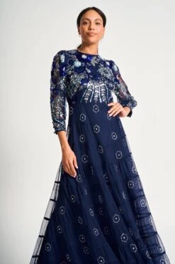 Dahlia Navy Floral Embellished Maxi Dress -Frock And Frill US Dahlia Navy Floral Embellished Maxi Dress 4