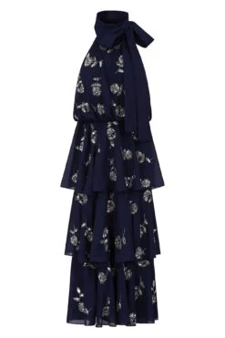 Dalia Navy Floral Embellished Tiered Midi Dress