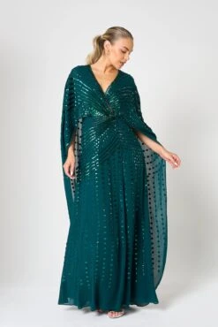 Della Teal Sequin Cape Sleeve Maxi Dress