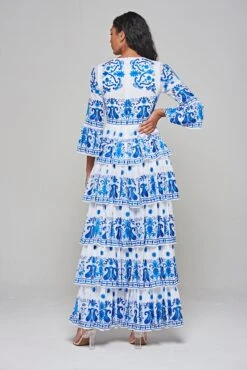 Elodea White And Blue Embroidered Tiered Maxi Dress -Frock And Frill US Elodea White Blue Embroidered Maxi Dress 1