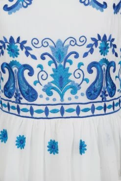 Elodea White And Blue Embroidered Tiered Maxi Dress -Frock And Frill US Elodea White Blue Embroidered Maxi Dress 3
