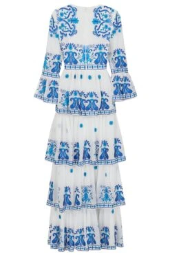 Elodea White And Blue Embroidered Tiered Maxi Dress -Frock And Frill US Elodea White Blue Embroidered Maxi Dress 4