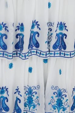 Elodea White And Blue Embroidered Tiered Maxi Dress -Frock And Frill US Elodea White Blue Embroidered Maxi Dress 5