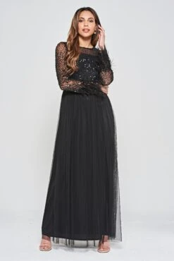 Eva Black Embellished Maxi Dress With Feather Trim
