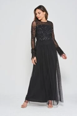 Eva Black Embellished Maxi Dress With Feather Trim -Frock And Frill US Eva Black Embellished Maxi Dress 3