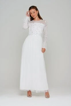 Eva White Embellished Maxi Dress With Feather Trim