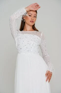 Eva White Embellished Maxi Dress With Feather Trim 10 Eva White Embellished Maxi Dress With Feather Trim -Frock And Frill US Eva White Embellished Maxi Dress 7