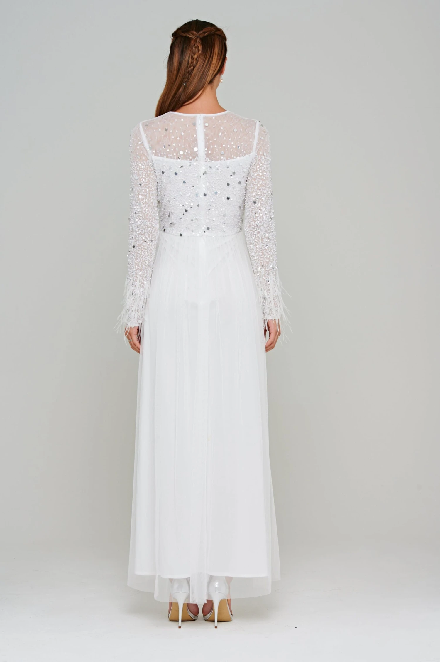 Eva White Embellished Maxi Dress With Feather Trim 5 Eva White Embellished Maxi Dress With Feather Trim - Image 5